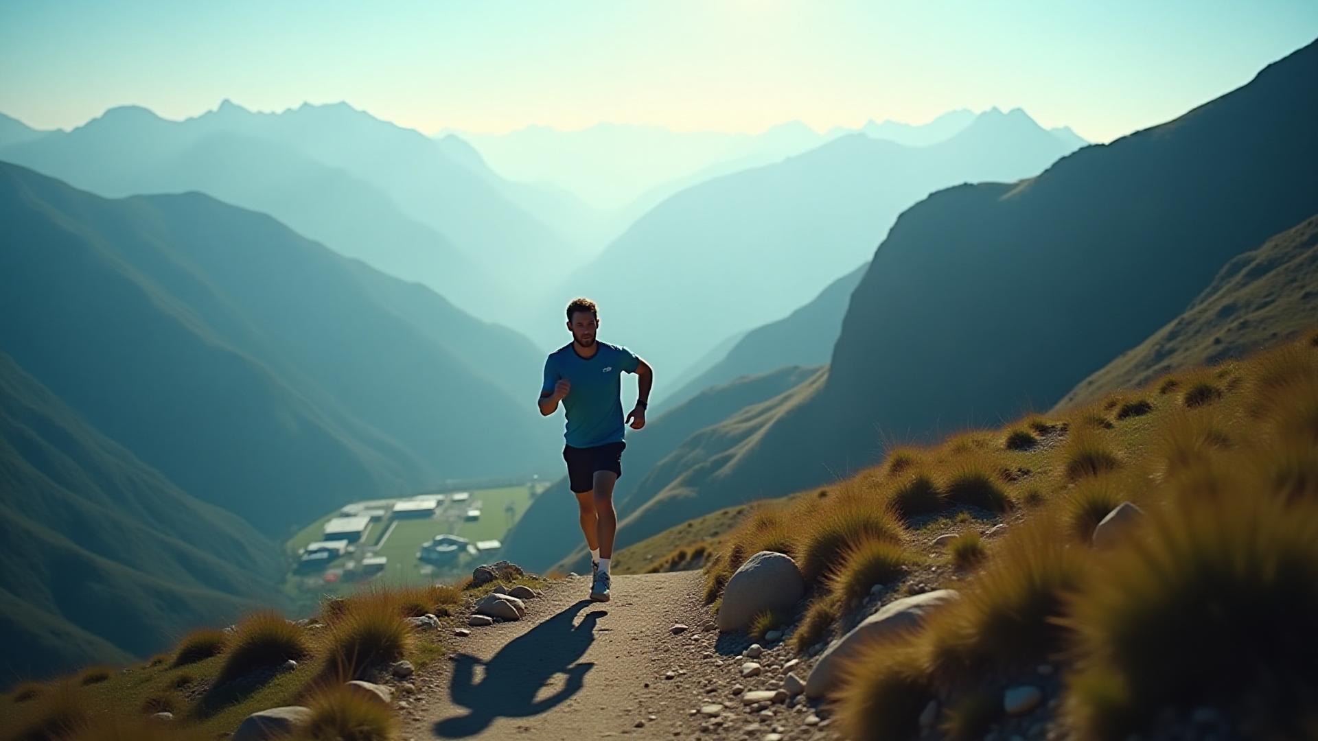 Athletischer Tennisspieler trainiert auf einem Bergpfad mit Tennisanlagen im Tal, umgeben von majestätischen Alpenbergen.