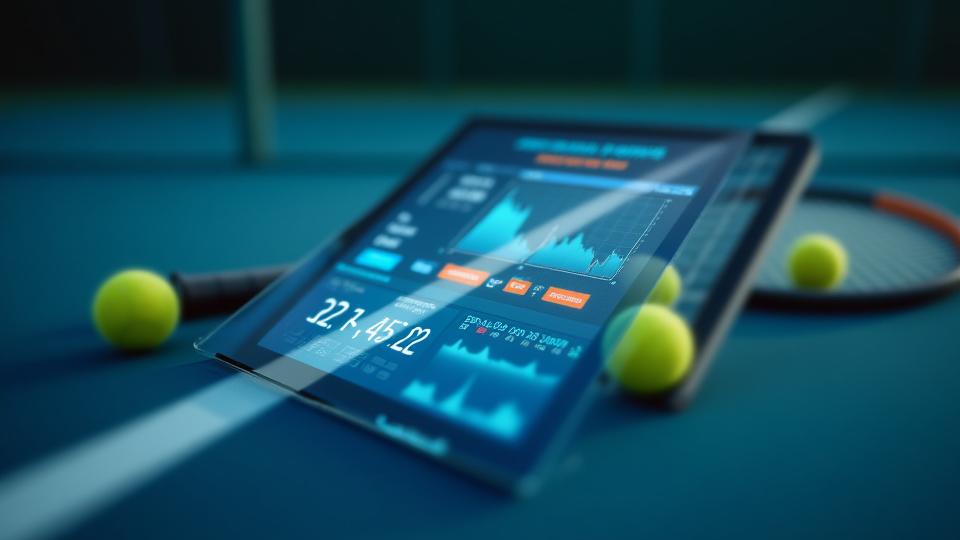Tennisspieler analysiert sein Spiel auf einem Tablet mit Smart-Tennis-Daten