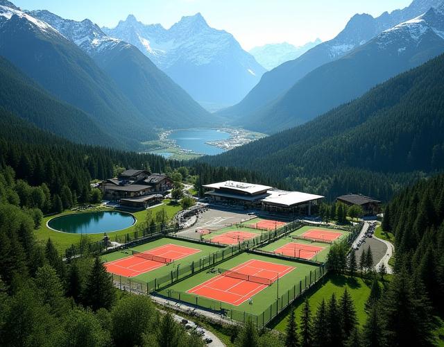 Majestätische Drohnenaufnahme der gesamten Gletschertennis-Anlage, eingebettet in die Alpenlandschaft