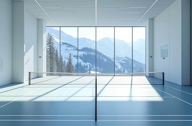 Moderne Tennishalle, Blick von innen mit Fenstern zum Alpenpanorama