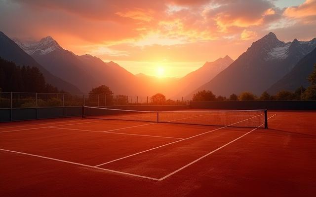 Weitwinkelaufnahme eines Outdoor-Tennisplatzes bei Sonnenuntergang, mit glühenden Alpen im Hintergrund
