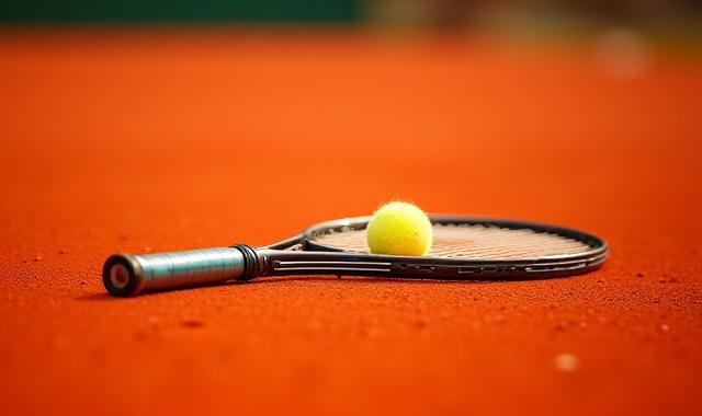 Detailaufnahme eines Tennisschlägers und Balls auf roter Asche, scharf und atmosphärisch