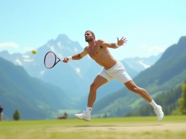 Dynamischer Tennisspieler beim Aufschlag, Berge unscharf im Hintergrundfokus