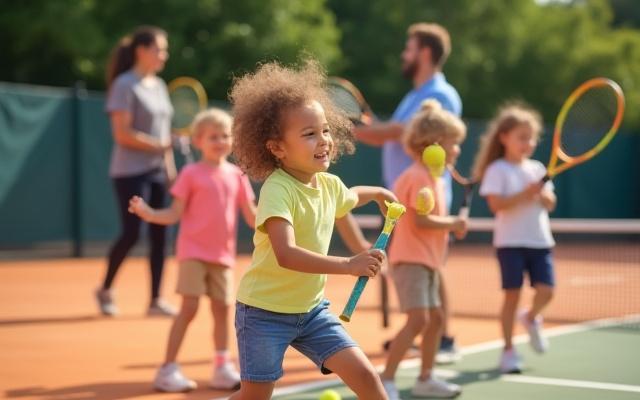 Lachende Kinder im Tennistraining