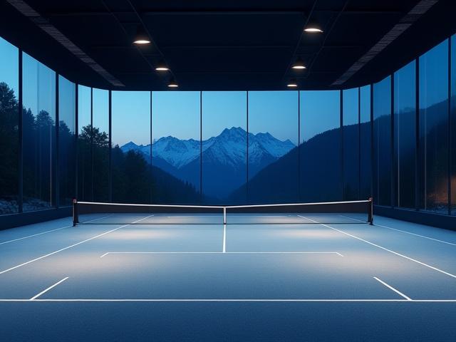 Die Indoor-Tennishalle bei Abendbeleuchtung, die LED-Lichter tauchen die Plätze in ein warmes, einladendes Licht und erzeugen eine besondere Atmosphäre.