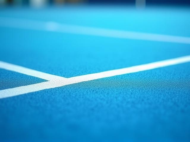 Nahaufnahme des Teppich-Velours-Bodens eines Indoor-Tennisplatzes, Fokus auf die klaren weißen Linien und die Textur des Belags.