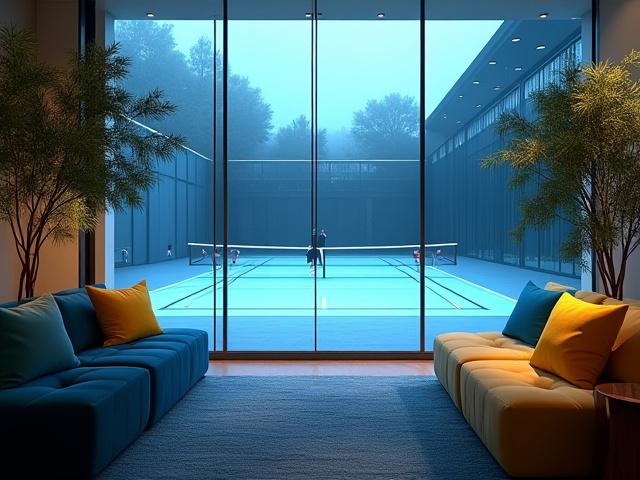 Blick von einem gemütlichen Lounge-Bereich durch eine große Glasscheibe auf die lebhaften Indoor-Tennisplätze, im Hintergrund spielen Personen.