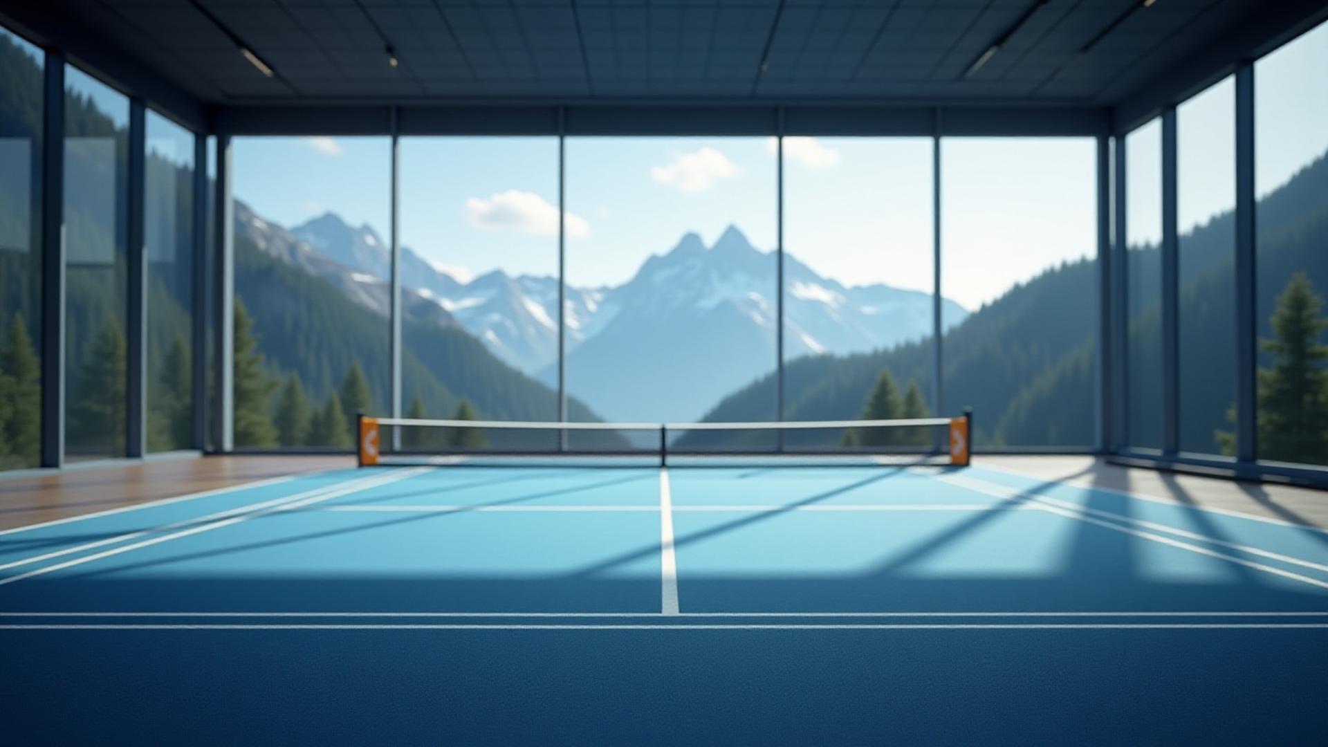 Leere, perfekt ausgeleuchtete Tennishalle mit Teppich-Velours-Boden und hellen LED-Leuchten an der Decke