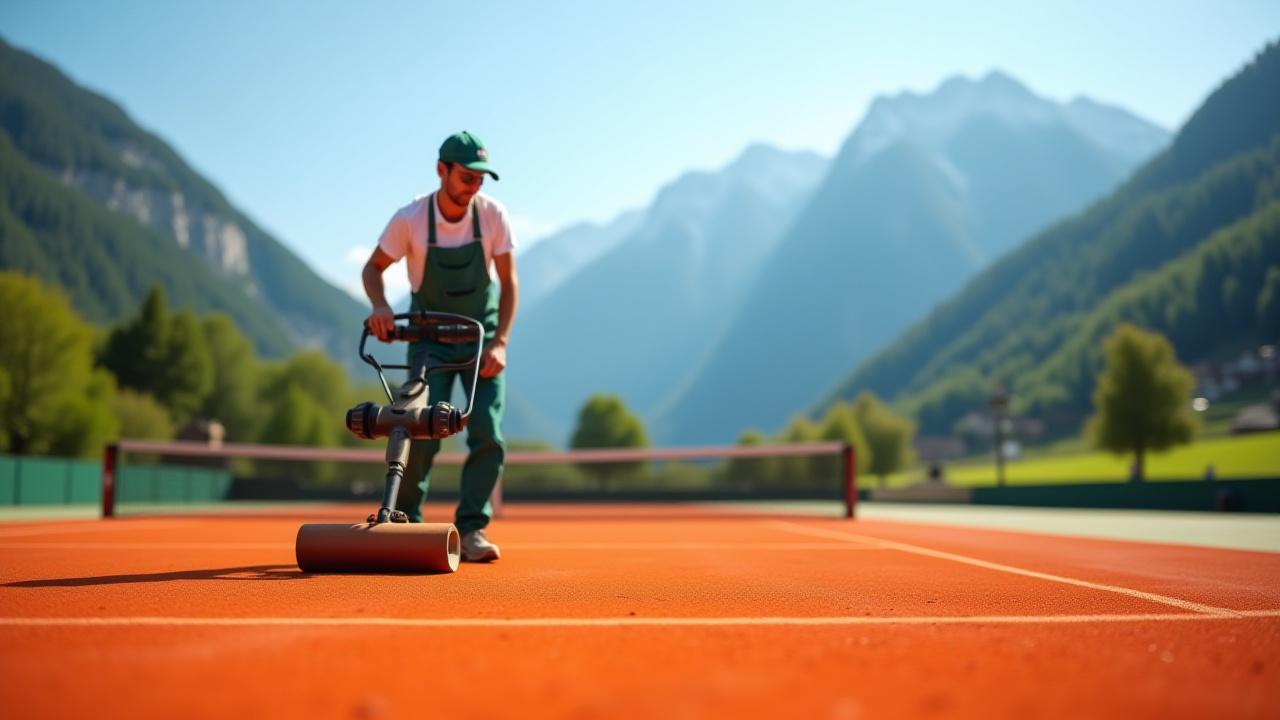 Ein Gletschertennis Mitarbeiter pflegt einen Tennisplatz umweltfreundlich, umgeben von Alpen.