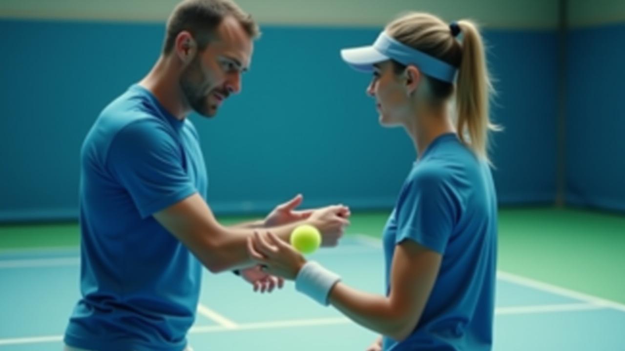 Ein Tennistrainer demonstriert einem erwachsenen Schüler eine Technik auf dem Tennisplatz mit Fokus auf Präzision.
