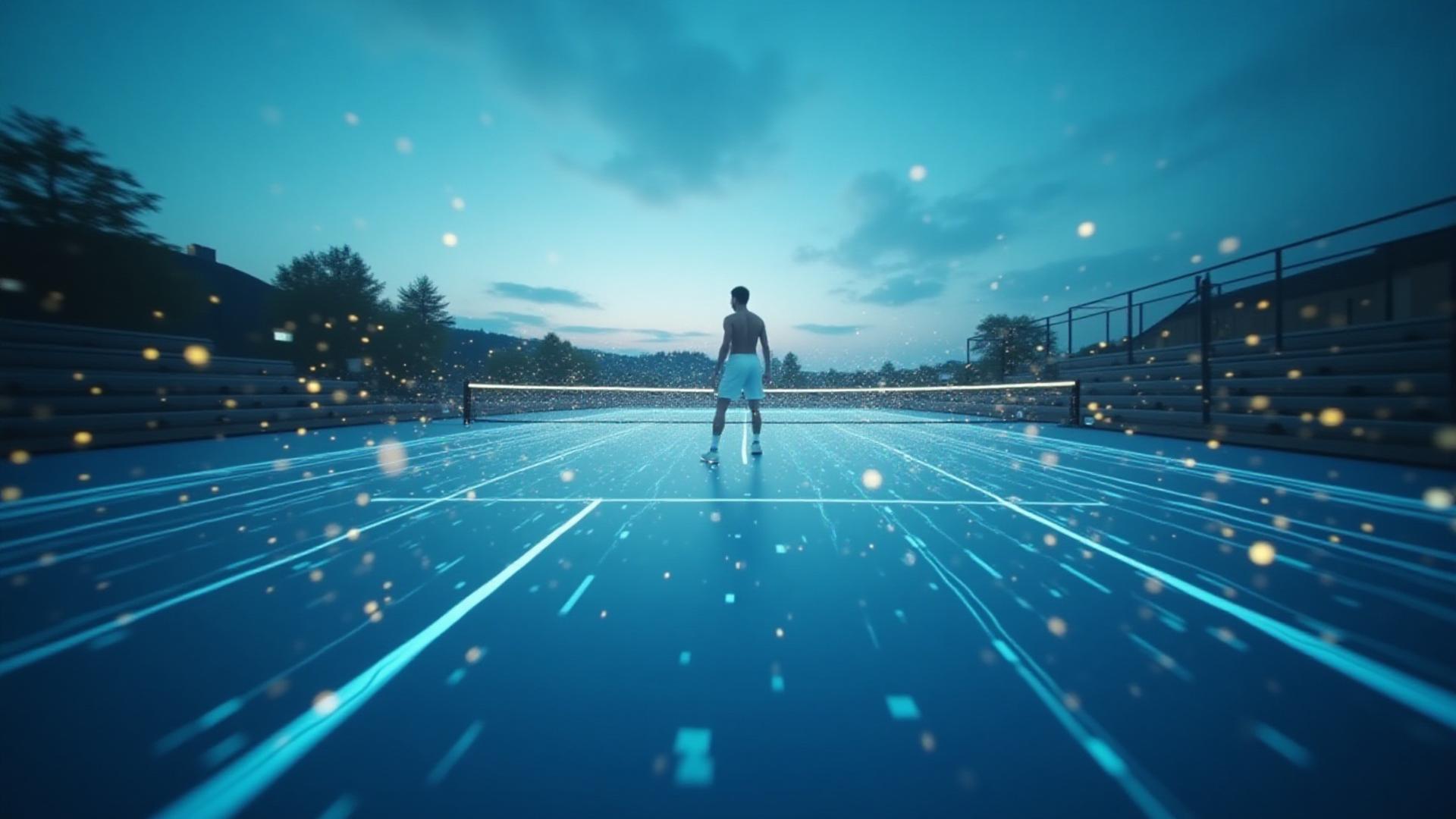 Stilisierte grafische Darstellung von Datenpunkten auf einem Tennisplatz, die die Verbindung von Talent mit Datenvisualisierung zeigt.