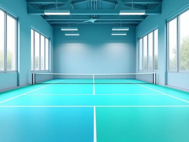 Moderne, helle Tennishalle mit drei Plätzen und großen Fensterflächen, die Tageslicht hereinlassen