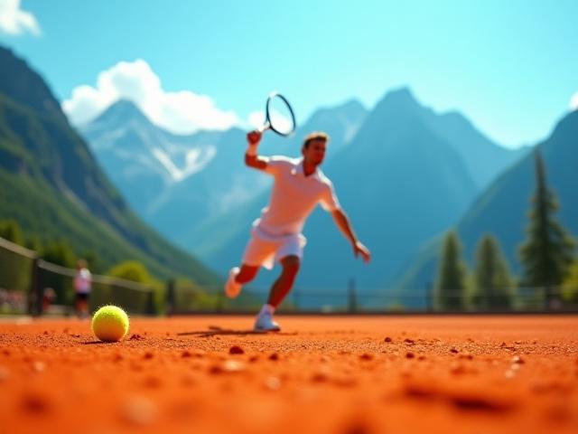 Ein Tennisspieler beim Aufschlag auf einem roten Sandplatz vor der atemberaubenden Kulisse der Salzburger Alpen