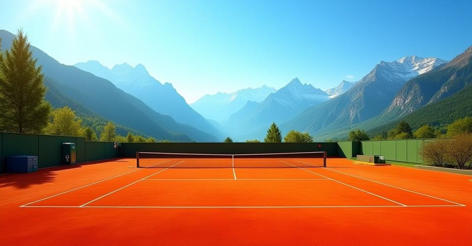 Sonnenbeschienener Outdoor-Sandplatz mit majestätischen Alpen im Hintergrund