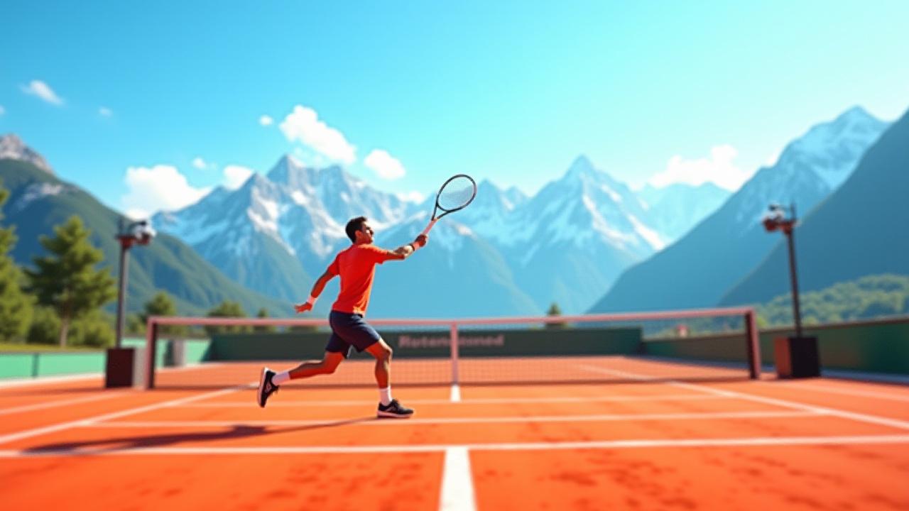 Tennisspieler auf dem Platz mit majestätischen Alpen im Hintergrund