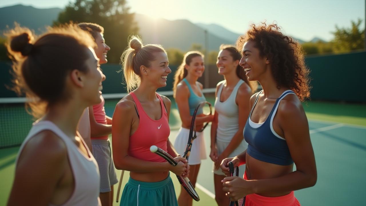 Gruppe lachender Tenniscamp-Teilnehmer nach dem Training