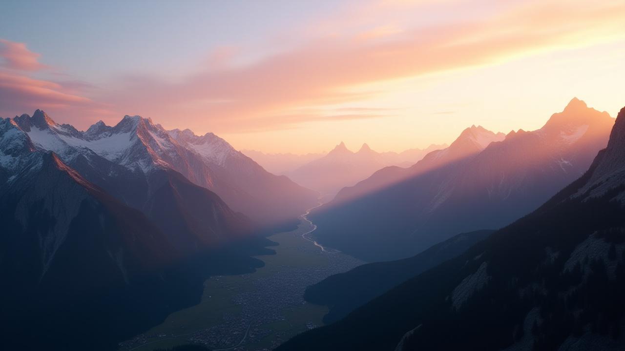 Panoramablick auf die österreichischen Alpen bei Sonnenuntergang