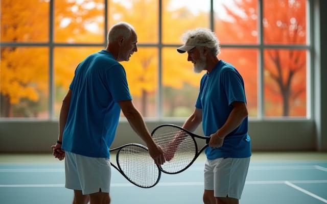 Zwei Tennisspielerinnen im Doppel auf dem Platz, Herbstlaub im Hintergrund