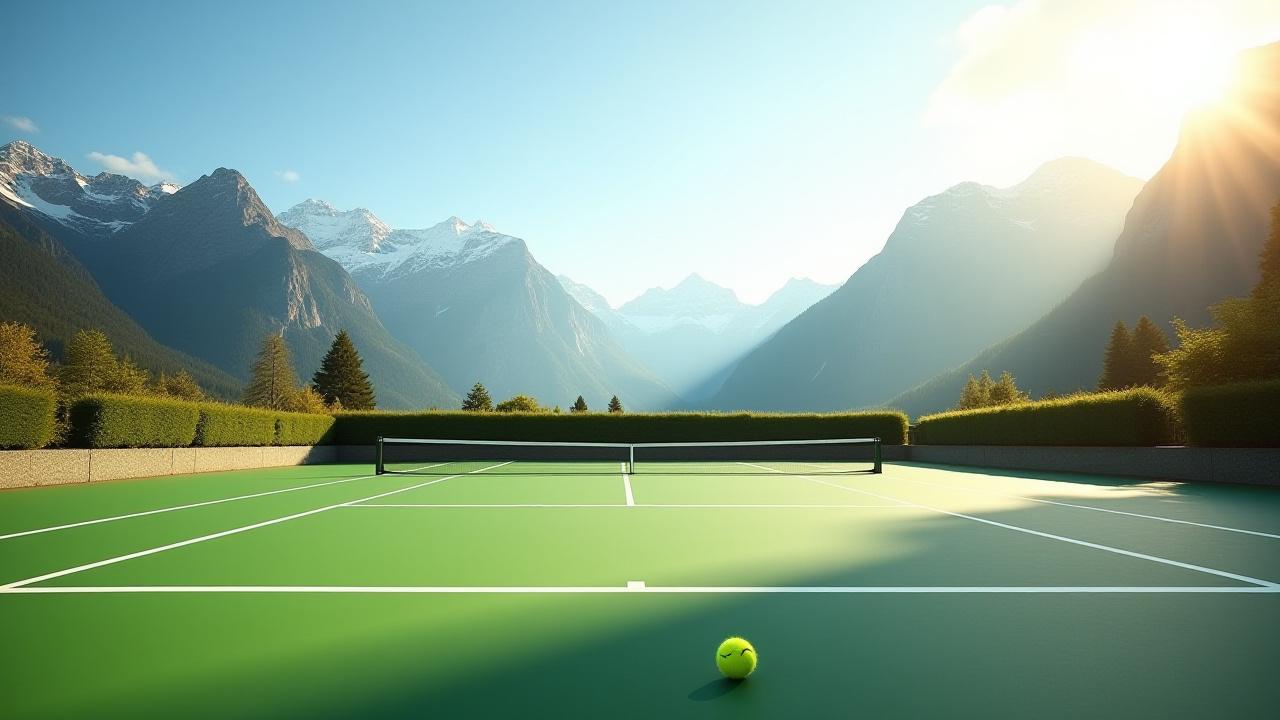 Majestätische Alpenlandschaft mit Tennisplatz im Vordergrund, mobile Ansicht