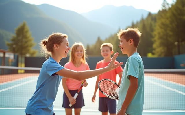 Gruppe lachender Kinder und Jugendlicher mit Tennisschlägern auf dem Platz