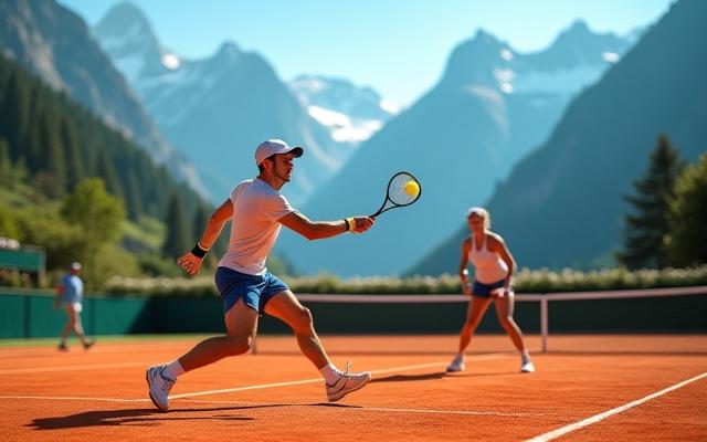 Erwachsene spielen intensiv Tennis auf einem sonnigen Platz mit Alpenblick